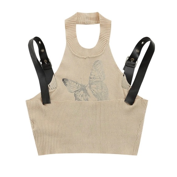 SOLD❤️‍🔥Printed Knit Halter Crop Top with Faux Leather Straps size Small - Picture 3 of 8